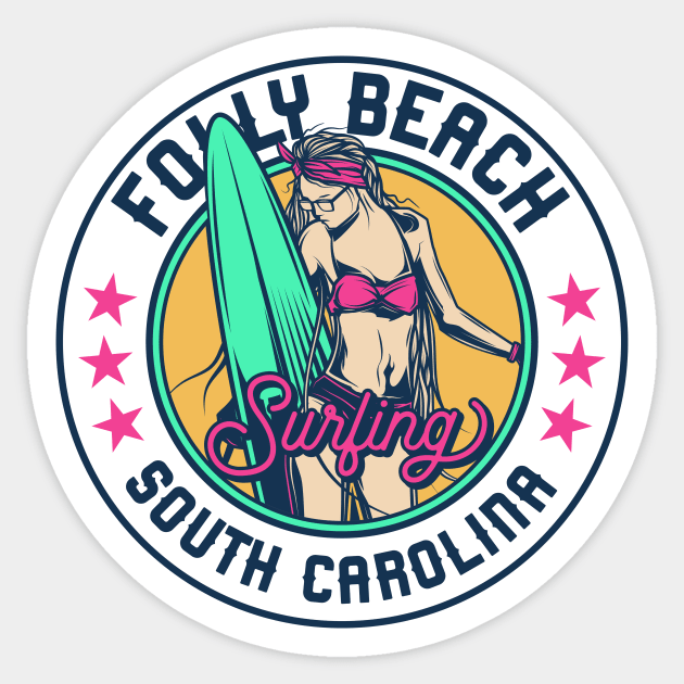 Retro Surfer Babe Badge Folly Beach South Carolina Sticker by Now Boarding